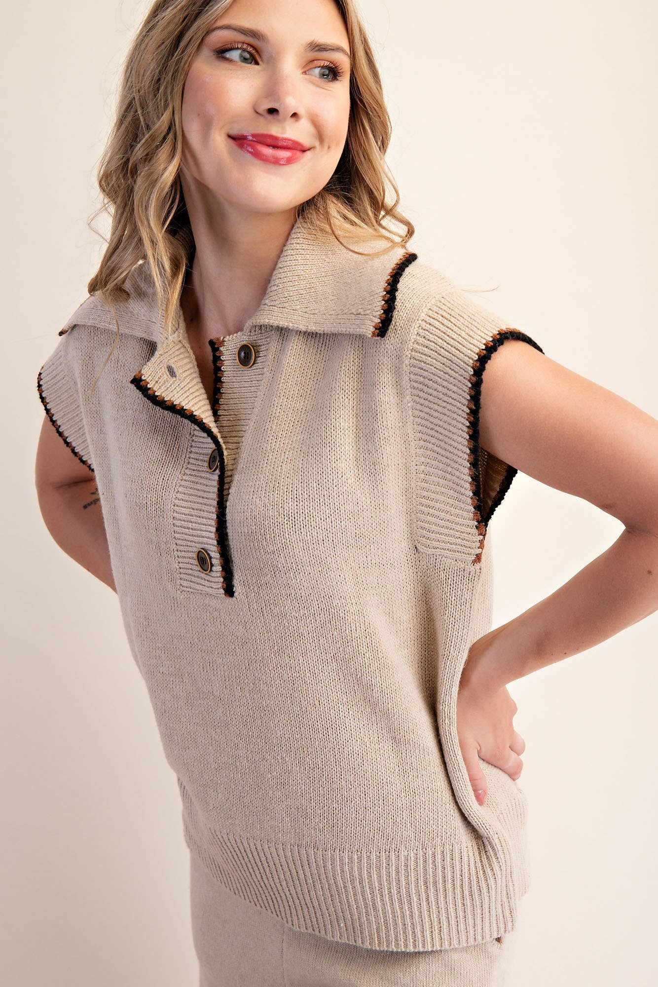 Collared Knit Sleeveless Sweater Top Camille