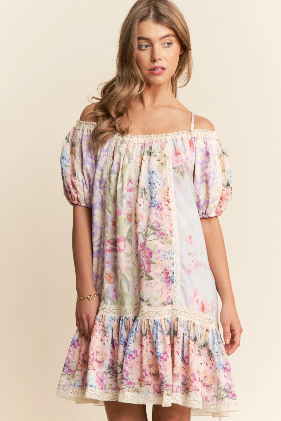 Britney Marie Multicolor Floral Print Off-Shoulder Dress