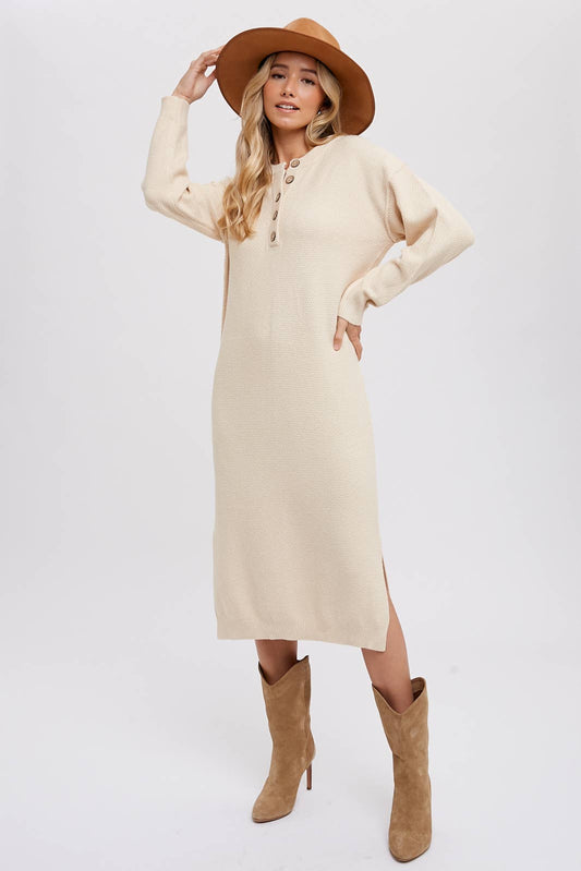 BUTTON FRONT MIDI SWEATER DRESS
