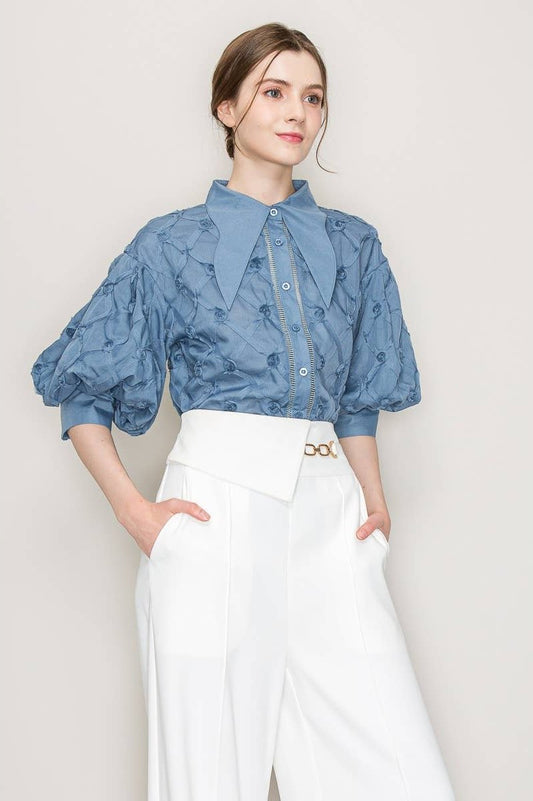 Cecilia Exaggerated Rose Detail Short Puff Sleeve Button-Up Shirt