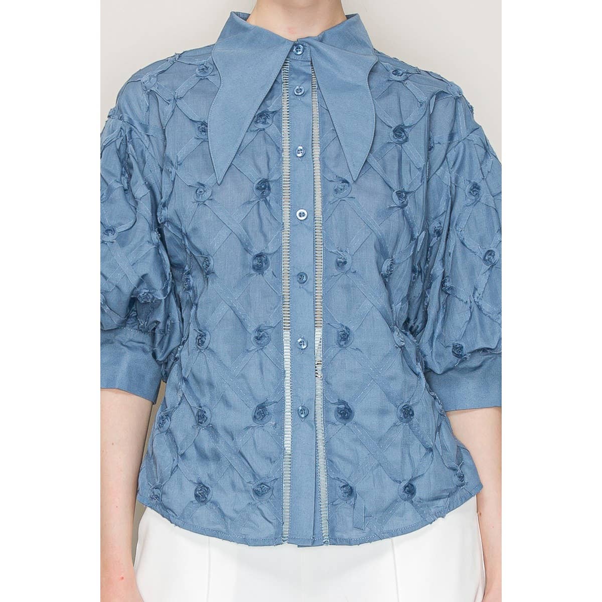 Cecilia Exaggerated Rose Detail Short Puff Sleeve Button-Up Shirt