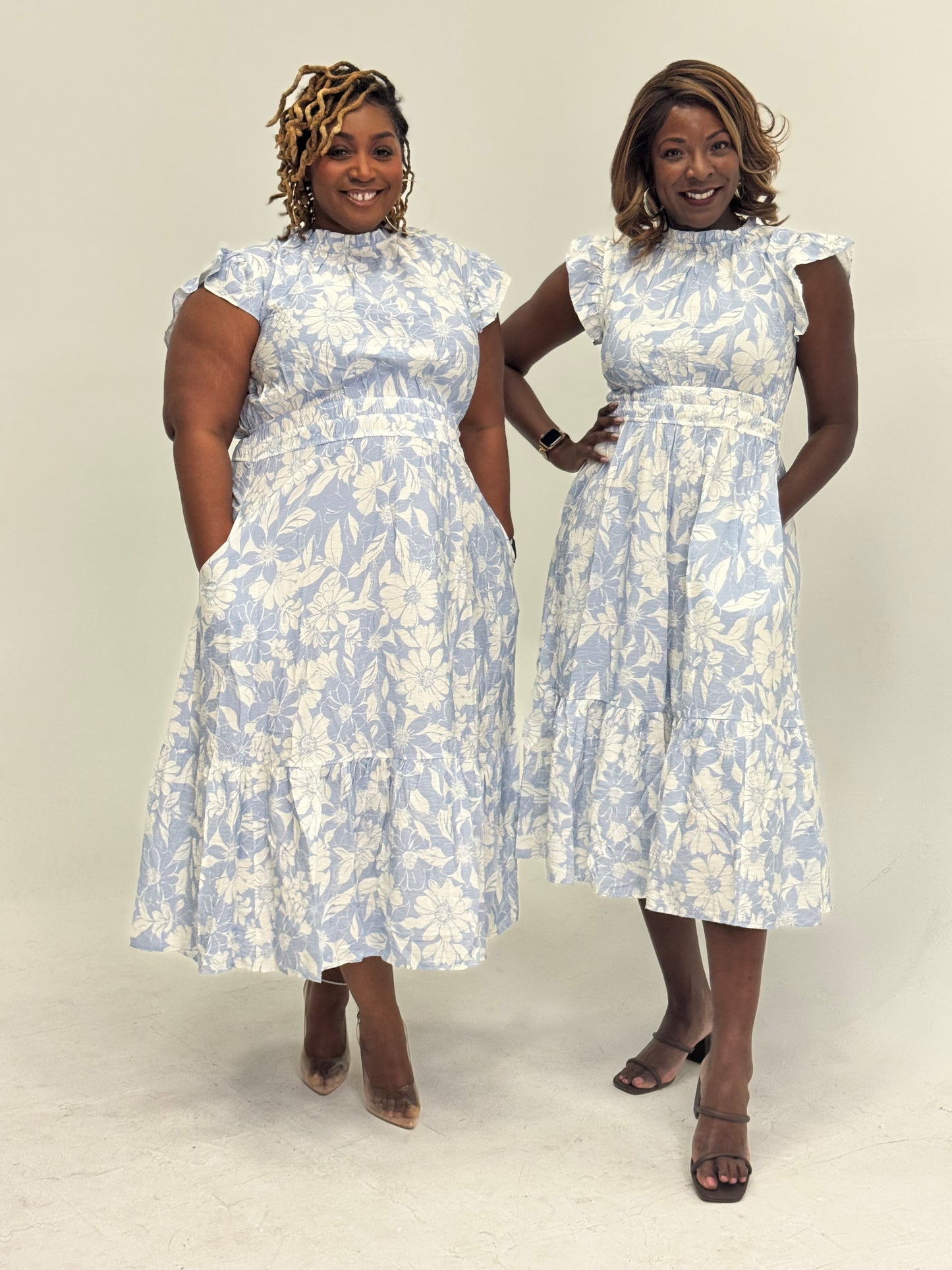 Blue Printed Midi Dress with Flutter Sleeves