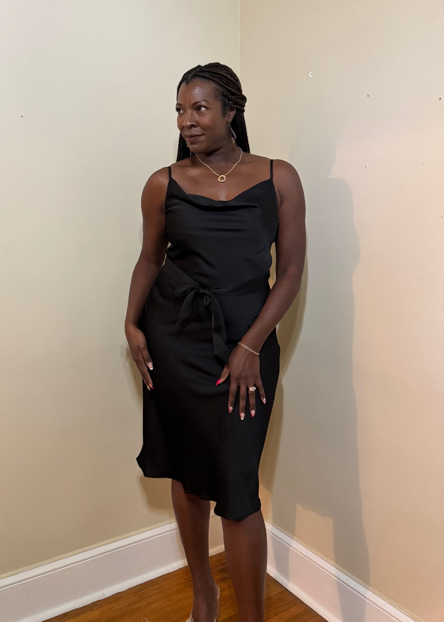 Satin Draped Neck Sleeveless Midi Dress - Lucille