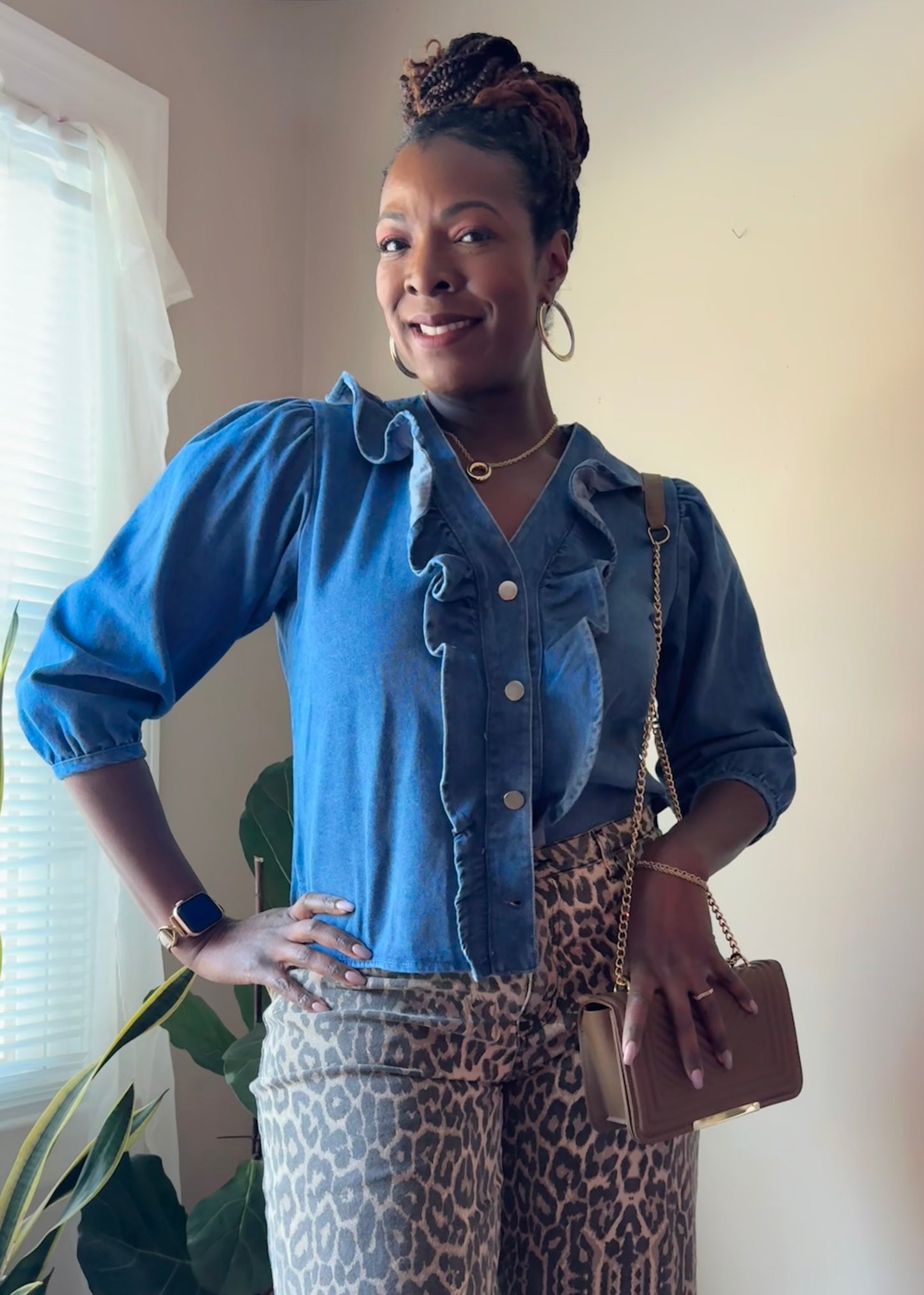 Ruffled 3/4 Sleeve Denim Blouse – Elana