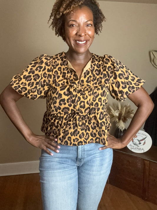 Cherie Leopard Print Bubble Sleeve Peplum Top with Bow Detail