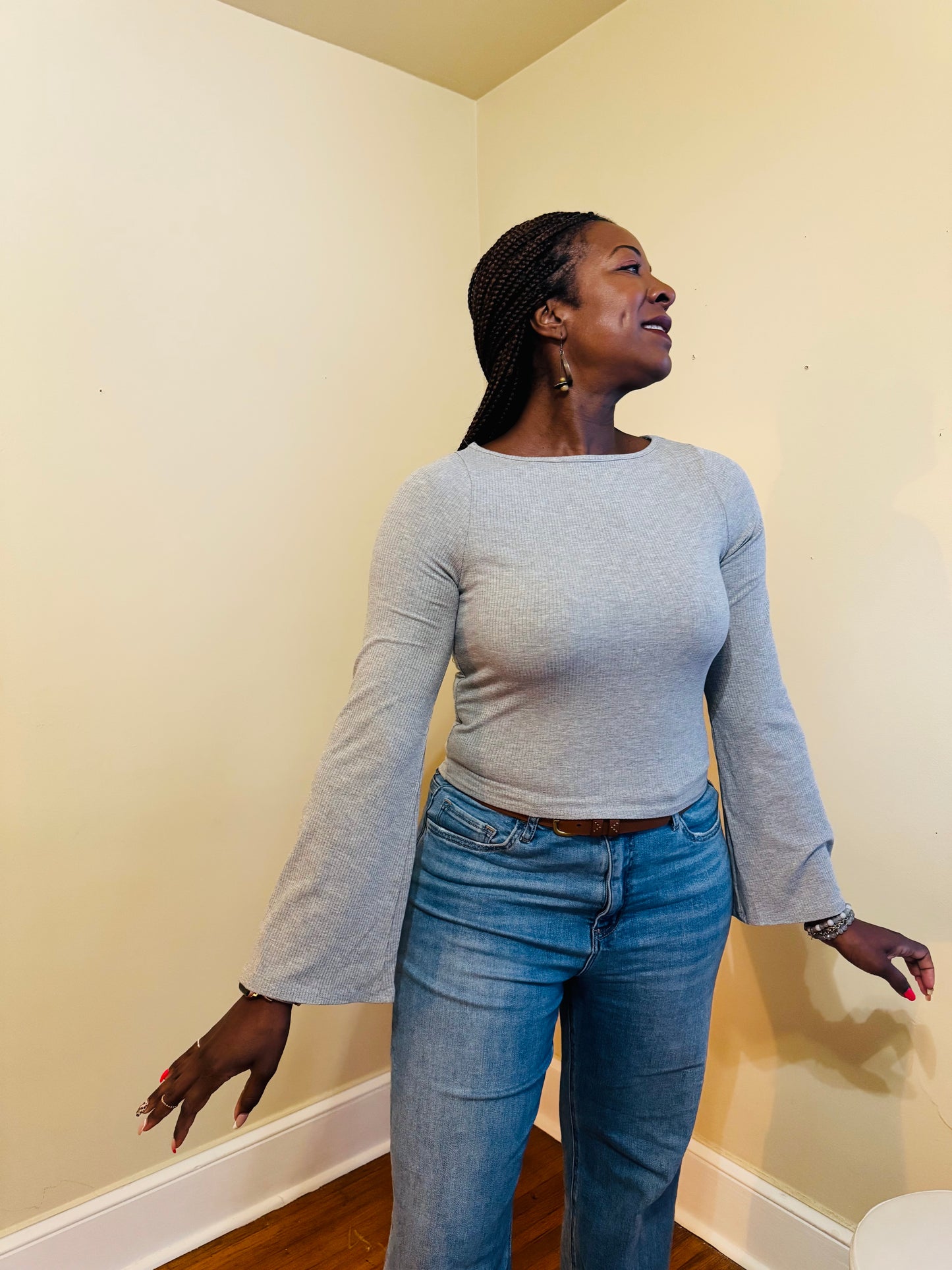 Long Bell Sleeve Ribbed Knit Top - Everly