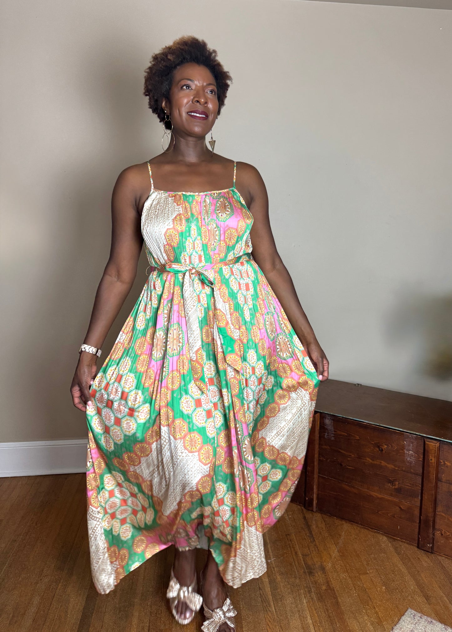 Bliss Marie Boho Pleated Cami Maxi Dress with Waist Tie
