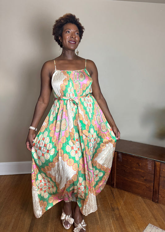 Bliss Marie Boho Pleated Cami Maxi Dress with Waist Tie