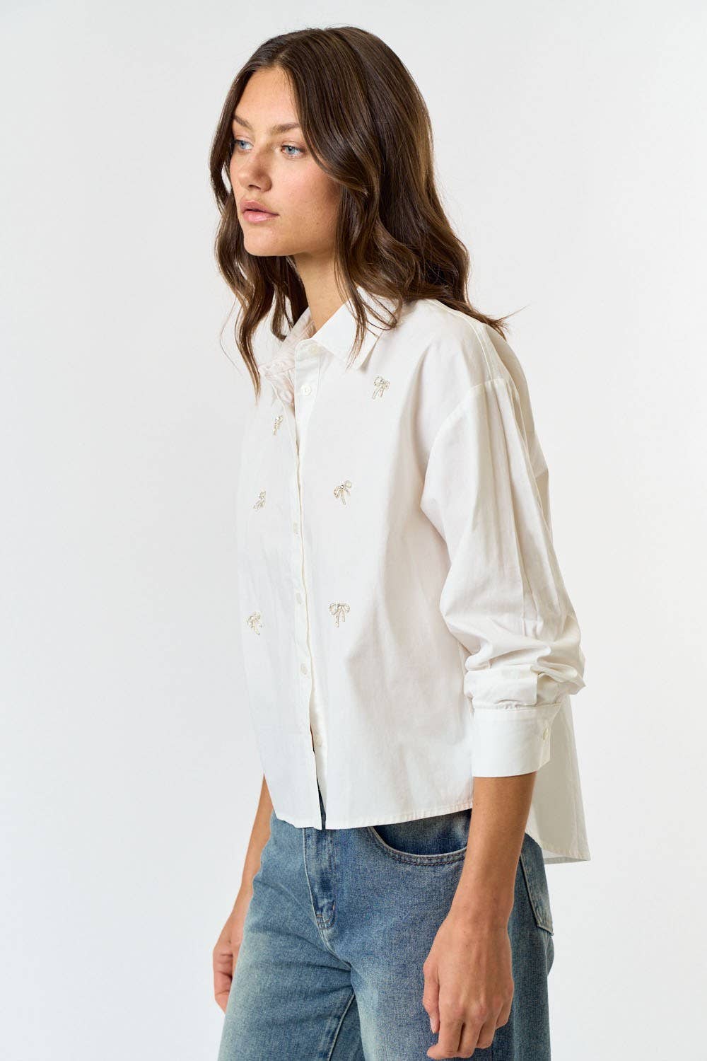 Celeste Jewled Bow Detail Button Down Shirt Top