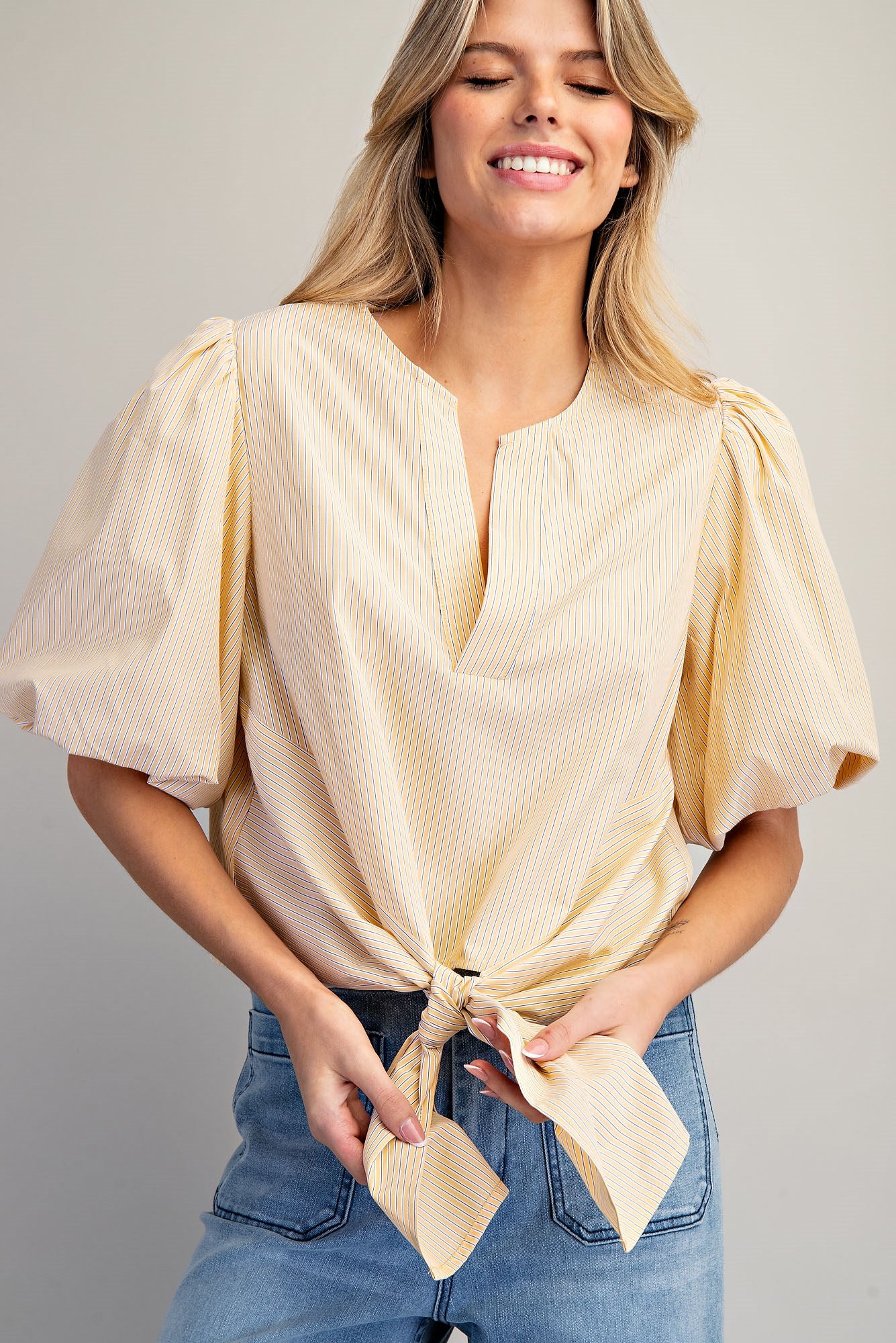 Striped Puff Sleeve Tie-Hem Blouse – Willow Grace