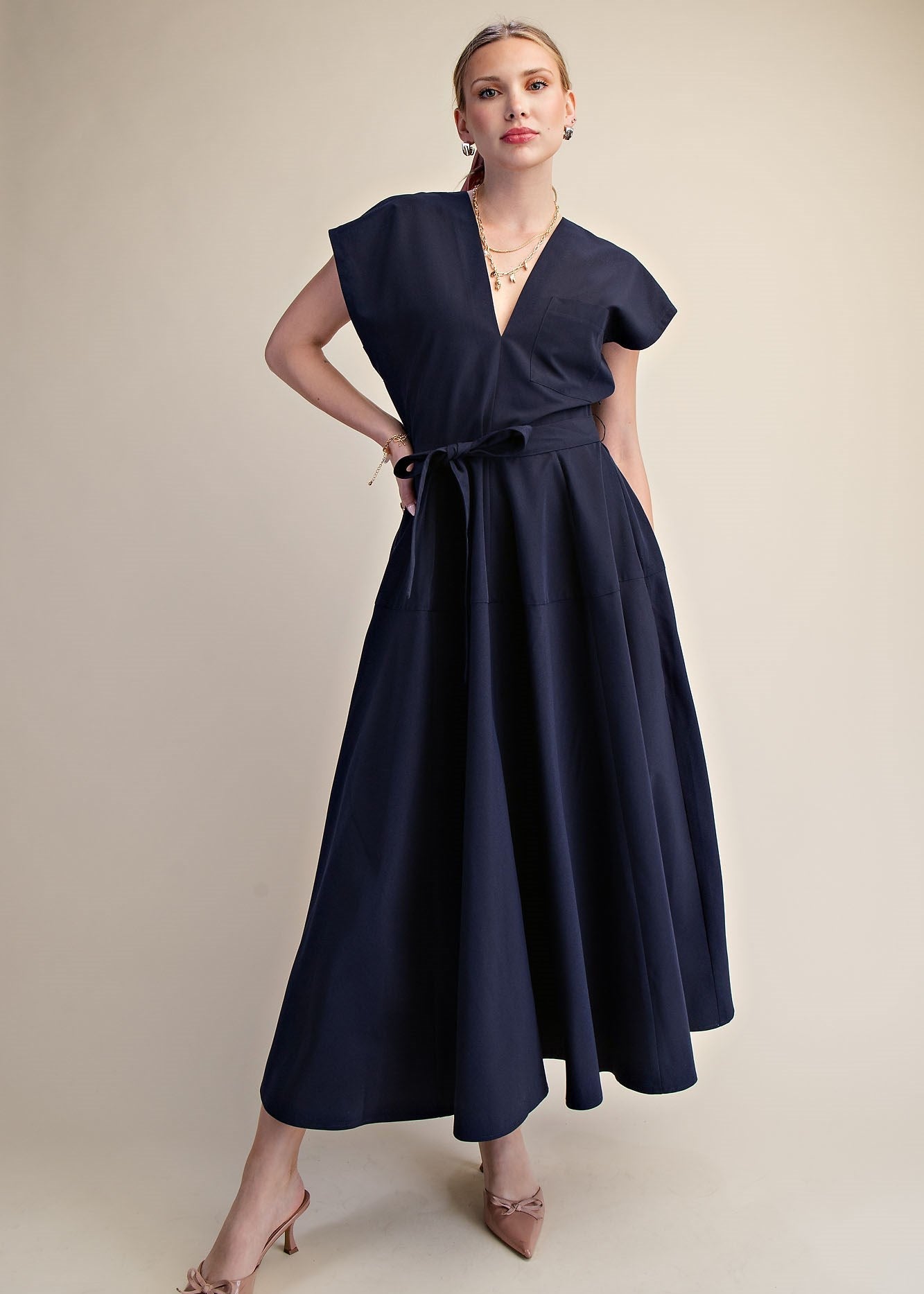 V-Neck Drop Shoulder Romantic Midi Dress