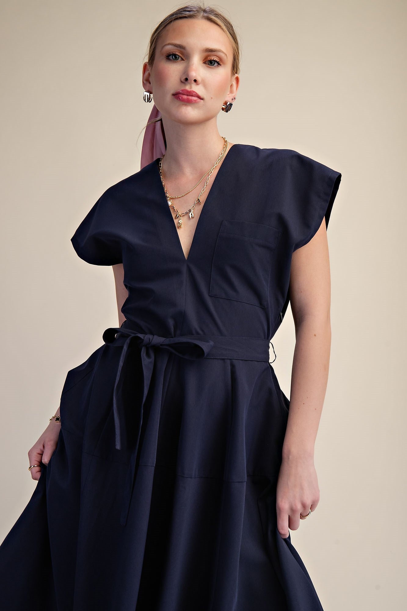 V-Neck Drop Shoulder Romantic Midi Dress