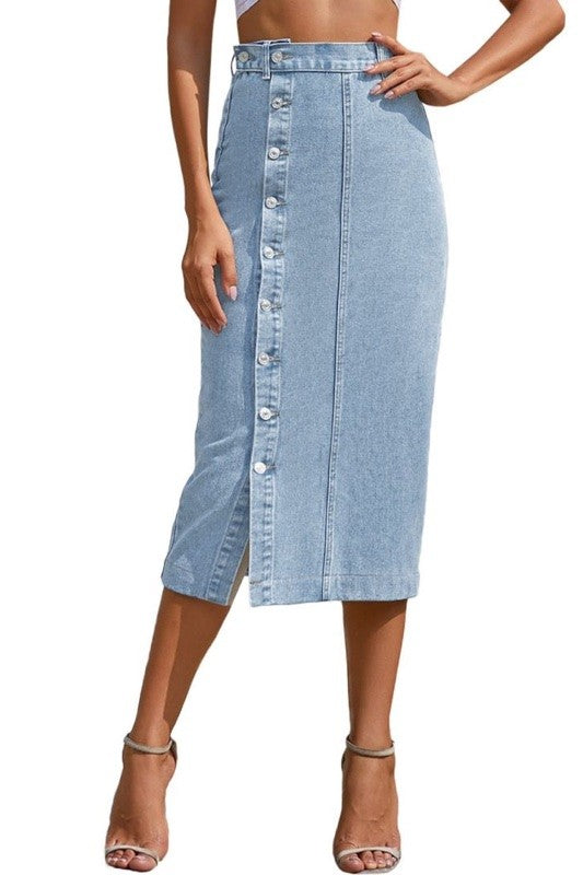 Falana Denim Midi Button Front Pencil Skirt