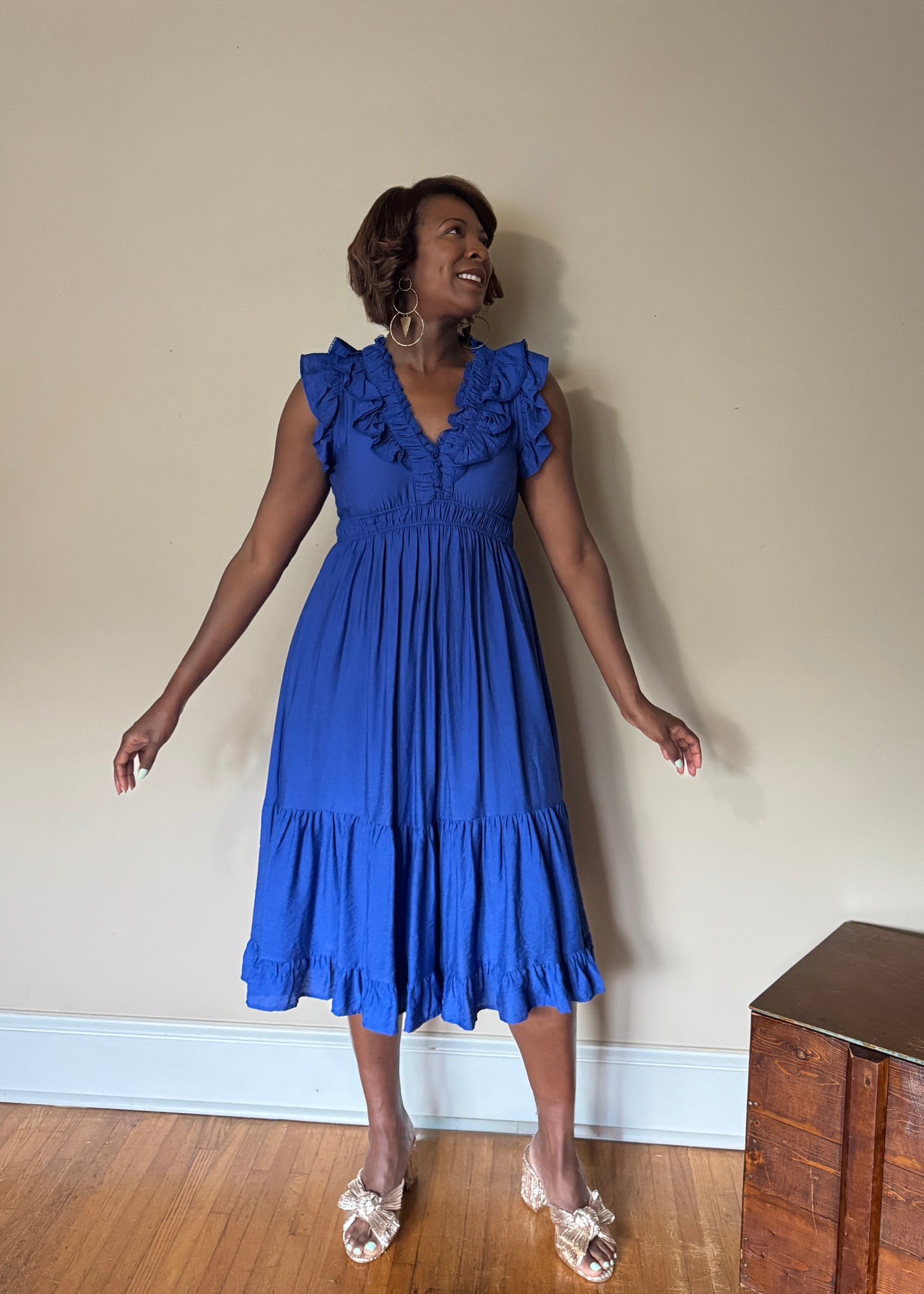 Bekah Ruffle V-Neck  A-Line Midi Dress