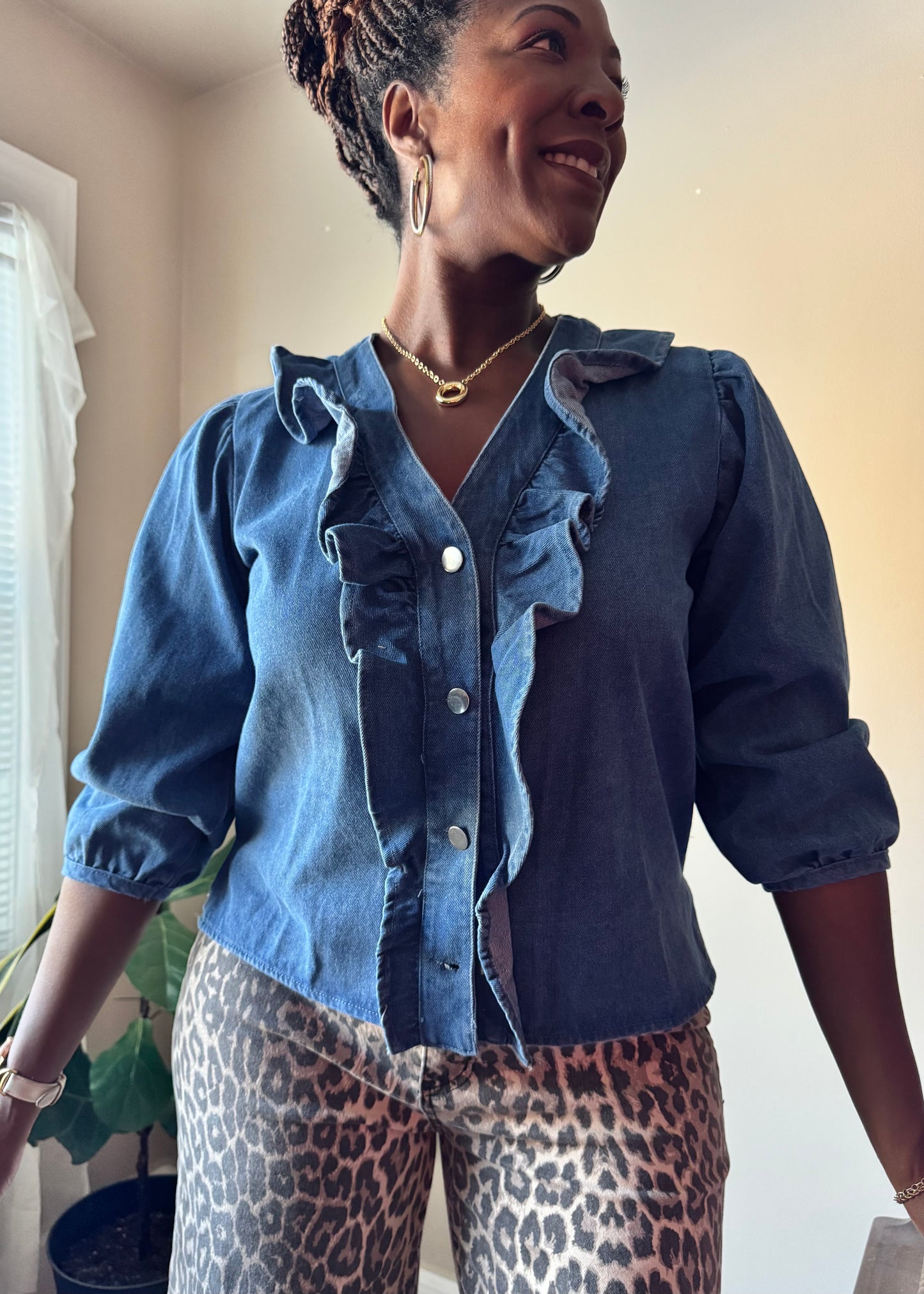 Ruffled 3/4 Sleeve Denim Blouse – Elana