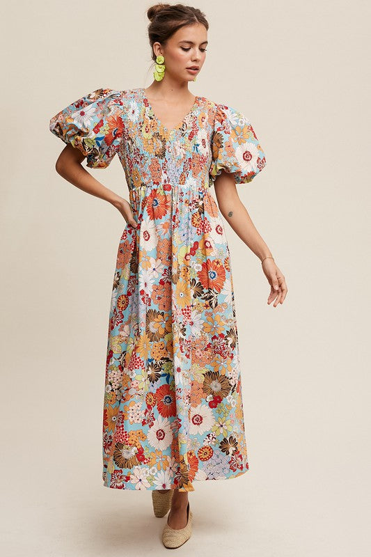 Flower Print Smocked V-neck Puff Sleeve Maxi Dress