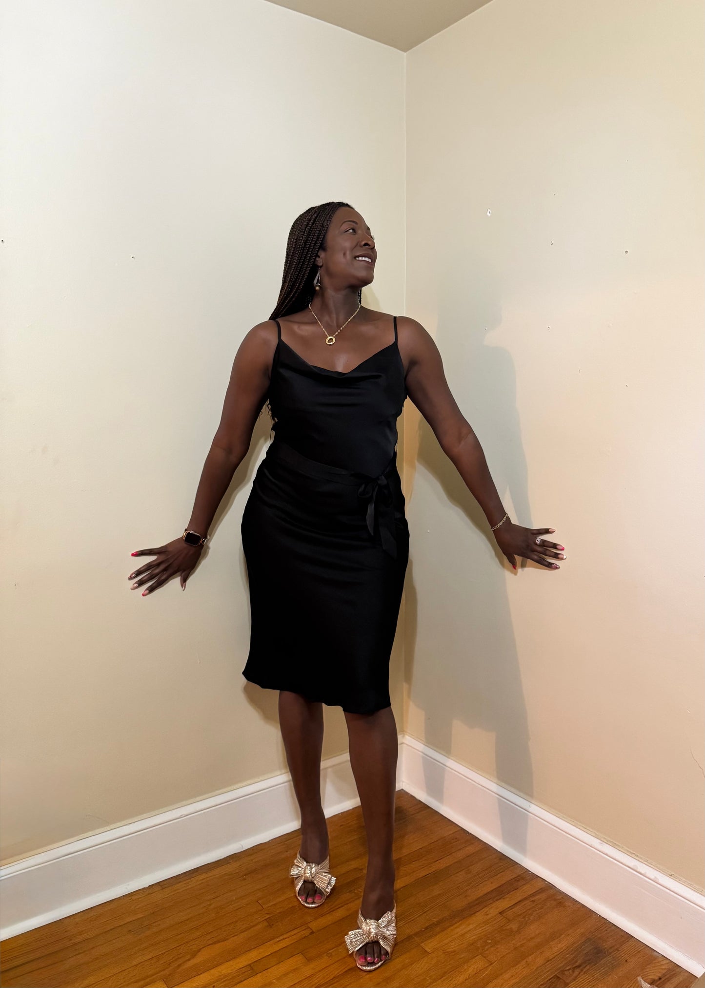 Satin Draped Neck Sleeveless Midi Dress - Lucille