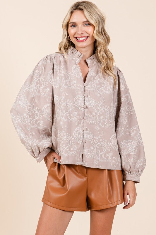 Plus Felize Paisley Eyelet Laced Button-Up Blouse