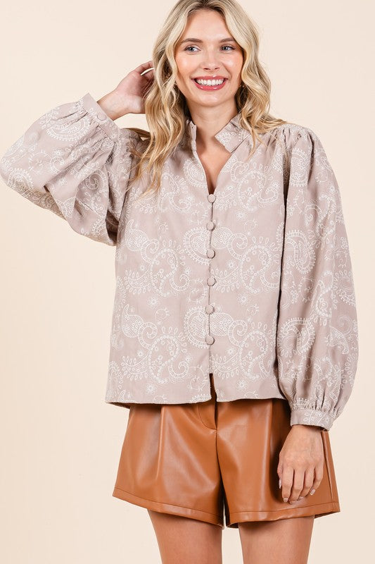 Felize Paisley Eyelet Laced Button-Up Blouse