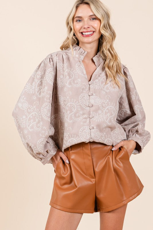 Felize Paisley Eyelet Laced Button-Up Blouse