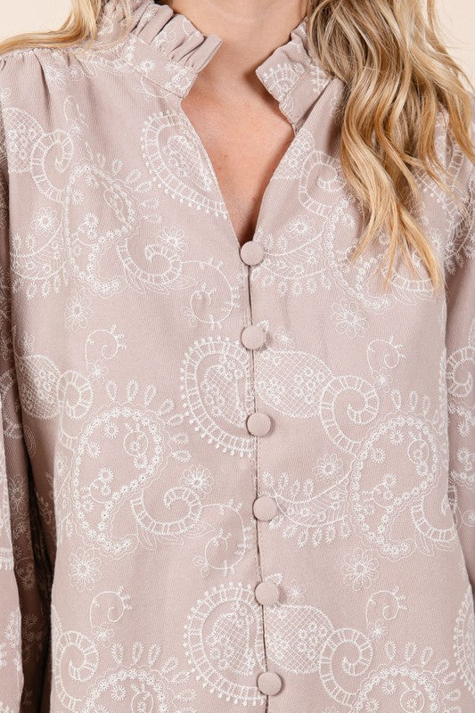 Plus Felize Paisley Eyelet Laced Button-Up Blouse