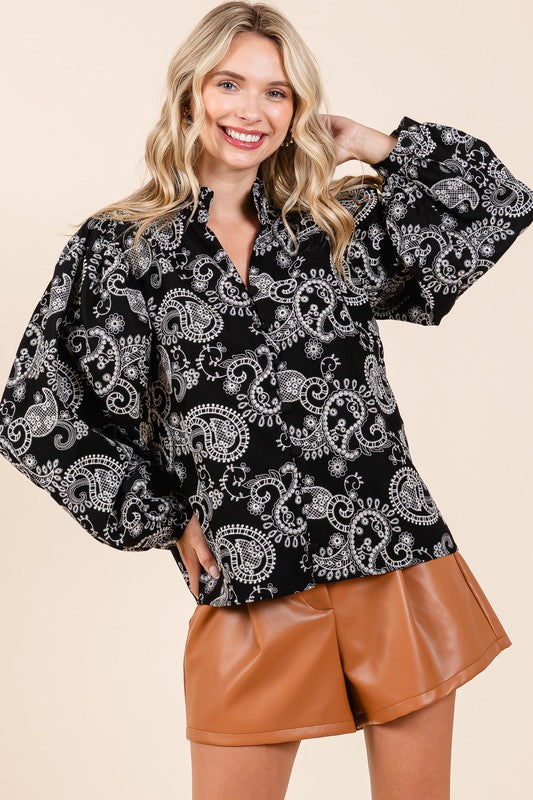 Plus Felize Paisley Eyelet Laced Button-Up Blouse