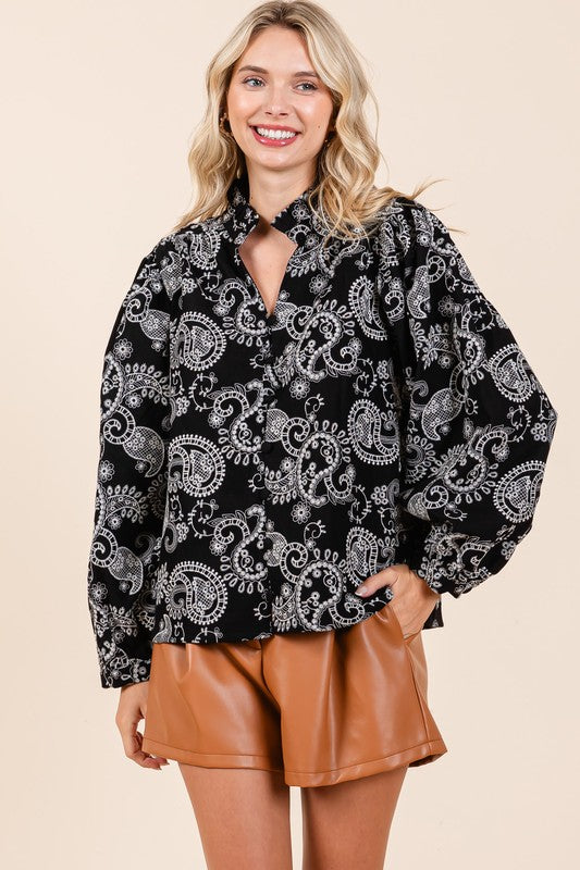 Plus Felize Paisley Eyelet Laced Button-Up Blouse