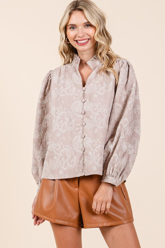 Plus Felize Paisley Eyelet Laced Button-Up Blouse