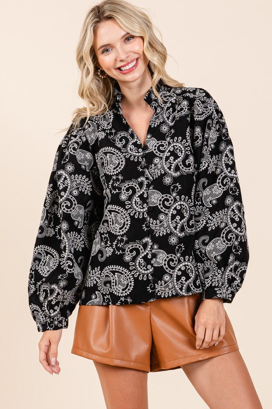 Felize Paisley Eyelet Laced Button-Up Blouse