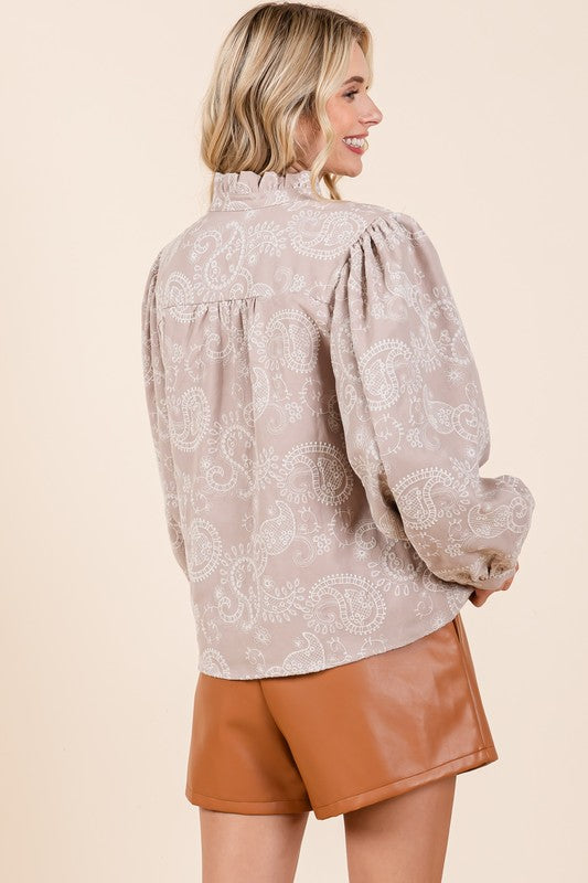 Plus Felize Paisley Eyelet Laced Button-Up Blouse