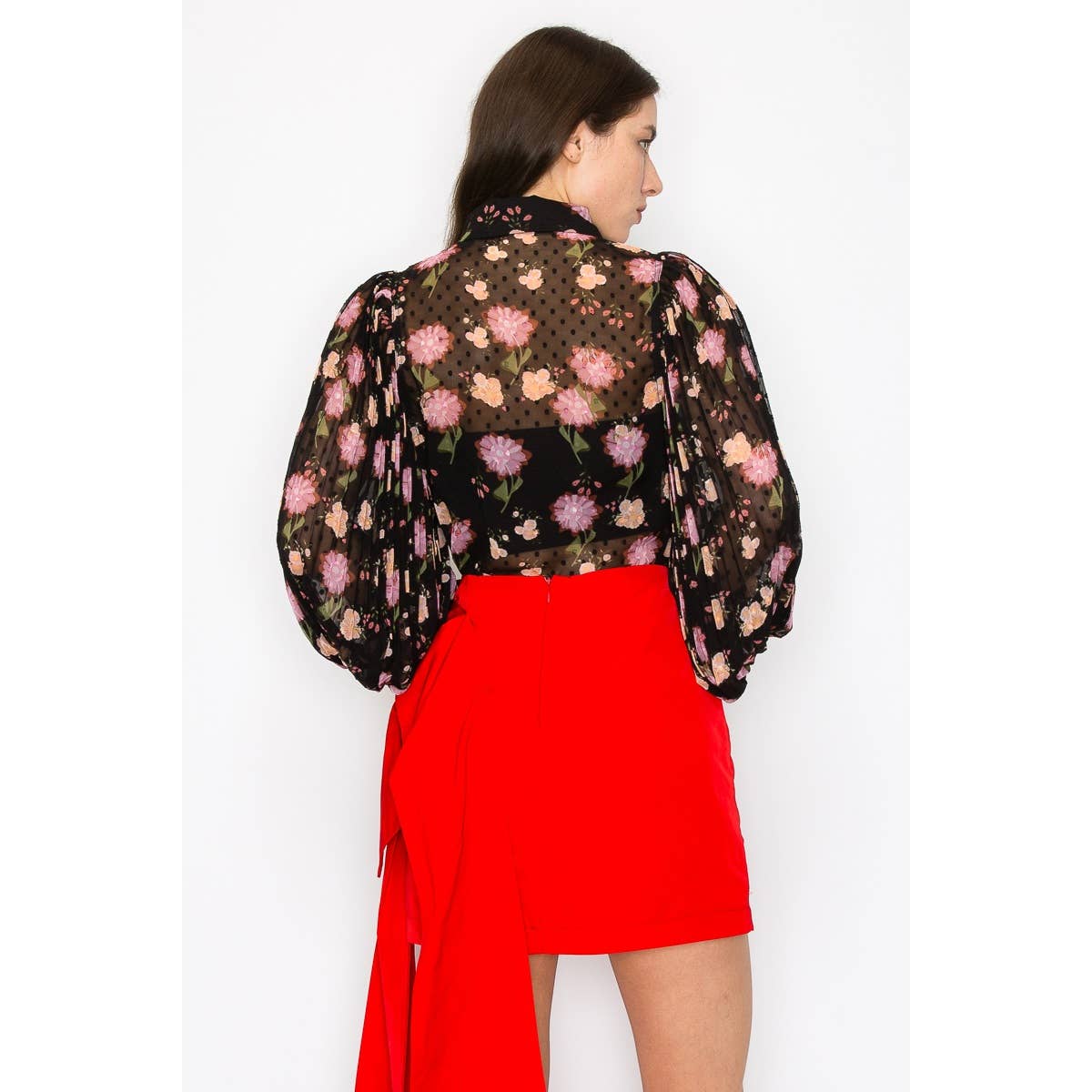 Crystal Long Pleated Sleeve Floral print Blouse Top