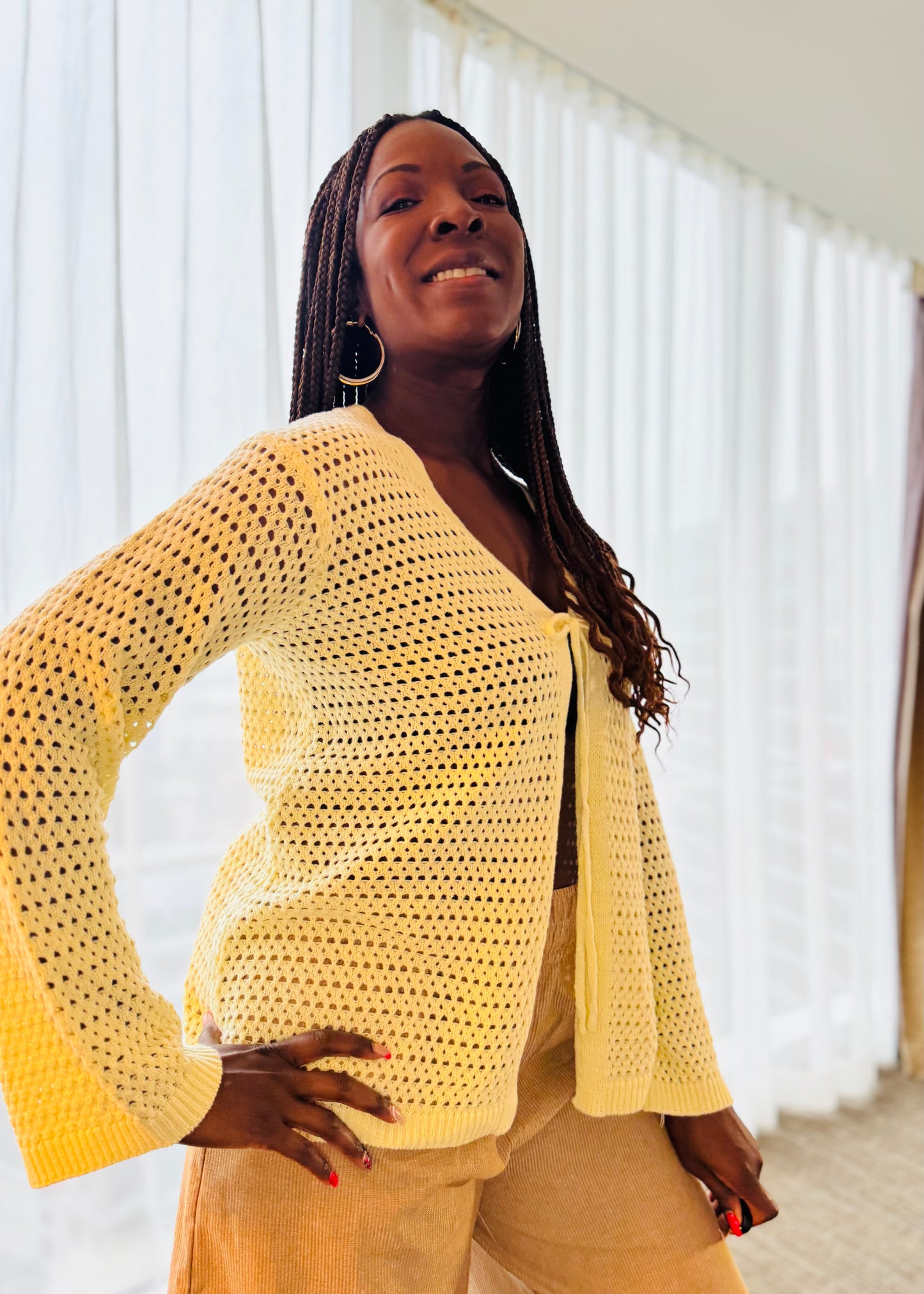 Open-Knit Tie-Front Cardigan · Front Tie Detail · Eleni