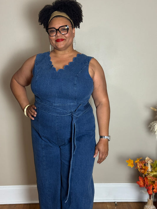Plus Denim V-neck Wide Leg Jumpsuit