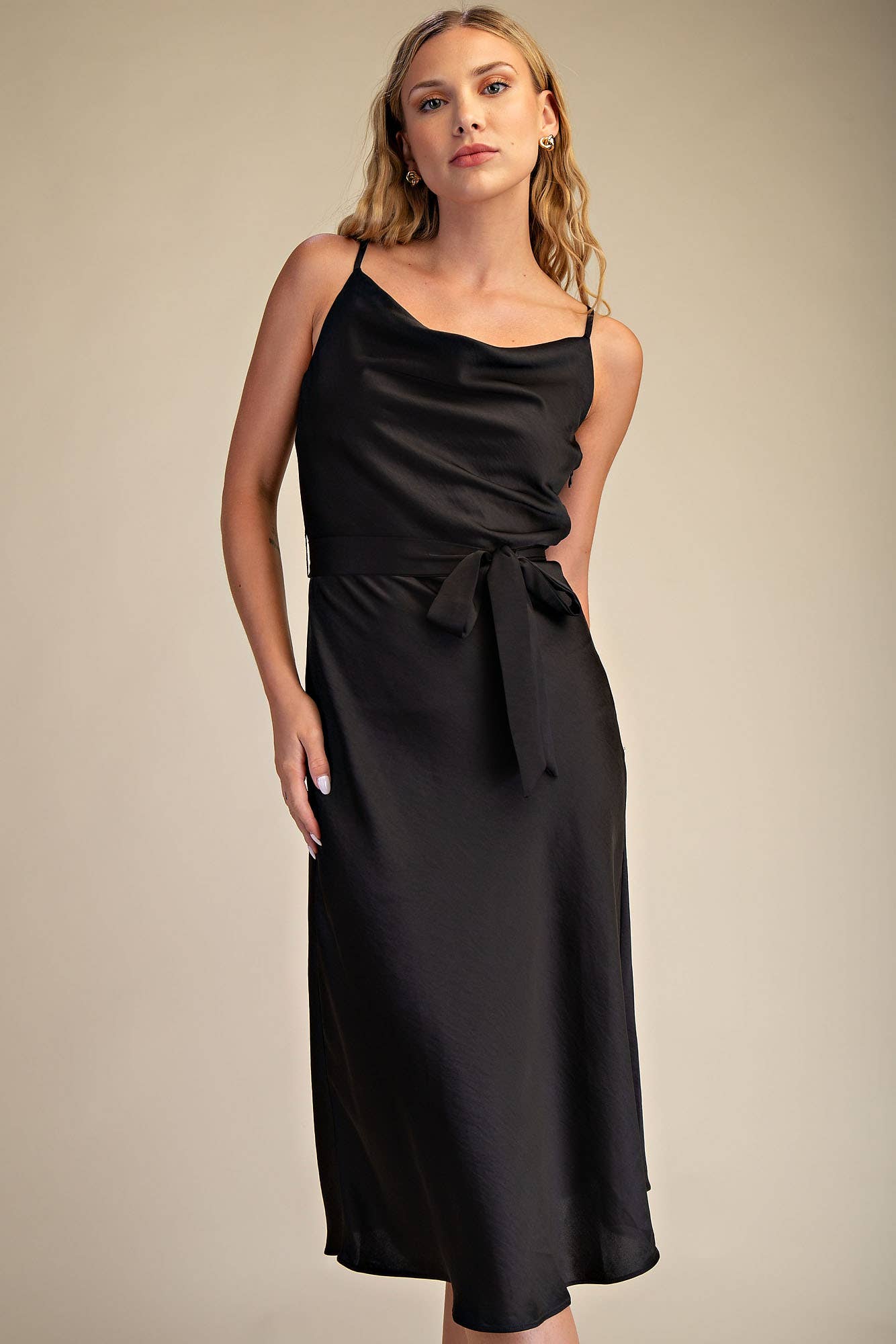 satin draped midi dress Satin Draped Neck Sleeveless Midi Dress