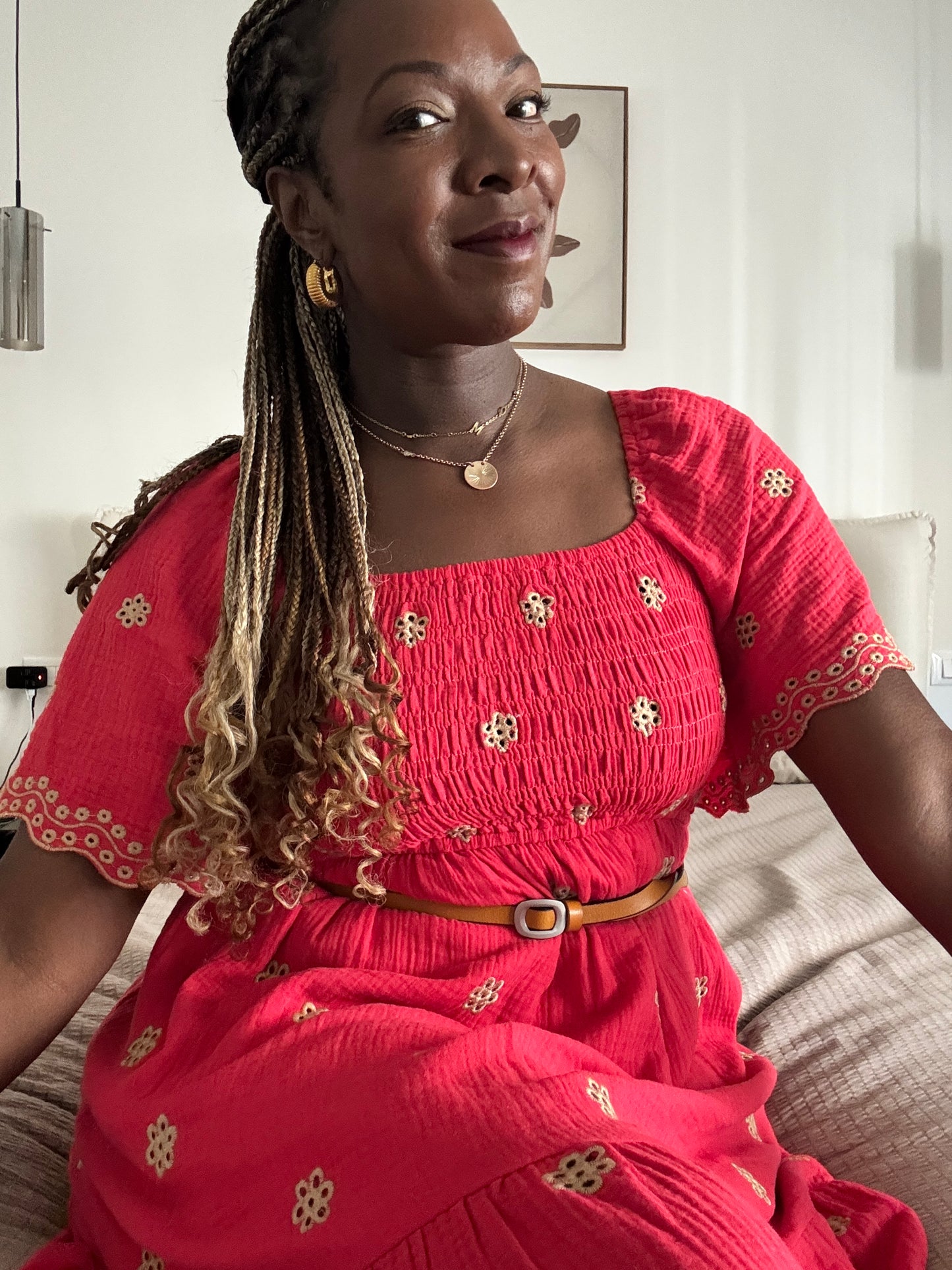 Embroidered Cotton Gauze Smocked Dress – Scalloped Flutter Sleeves