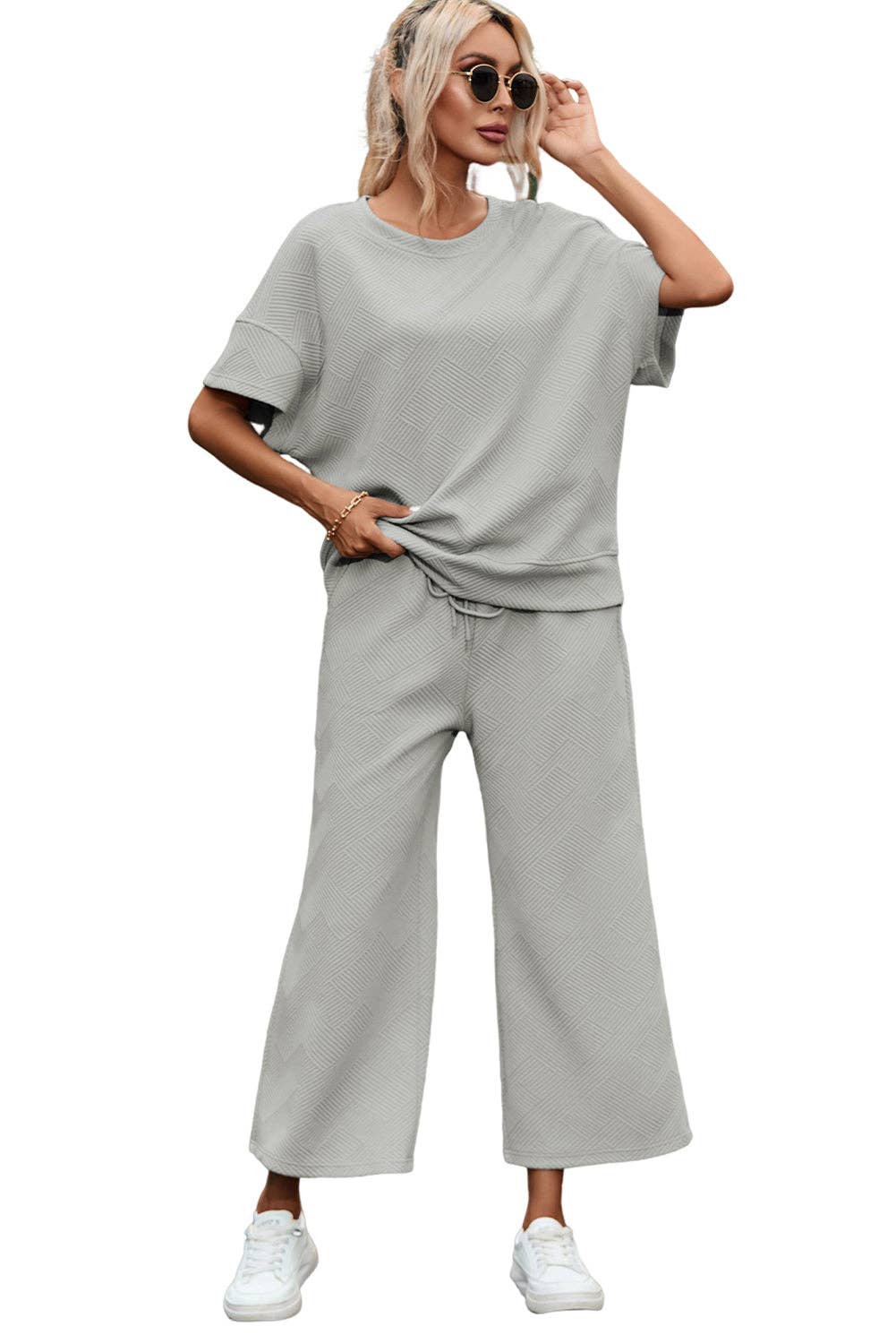 LAST ONE Gray Textured Loose Fit T Shirt and Drawstring Pants Set: Gray / 2XL / 95%Polyester+5%Elastane