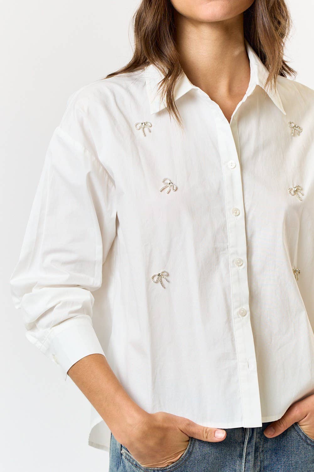 Celeste Jewled Bow Detail Button Down Shirt Top