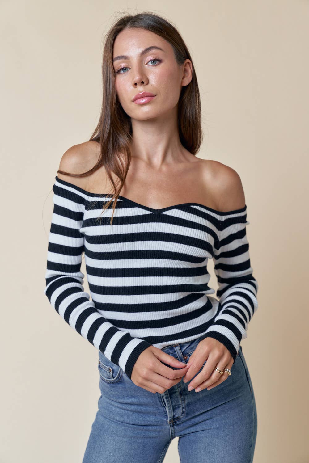 Clarissa Stripe Ribbed Off Shoulder Top