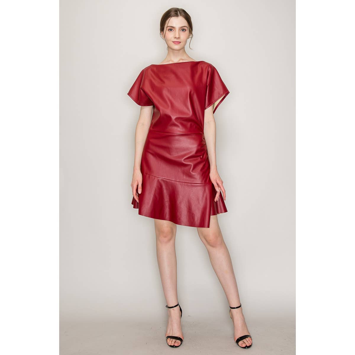 Briana Boat Neck Vegan Leather Short Sleeve Mini Dress