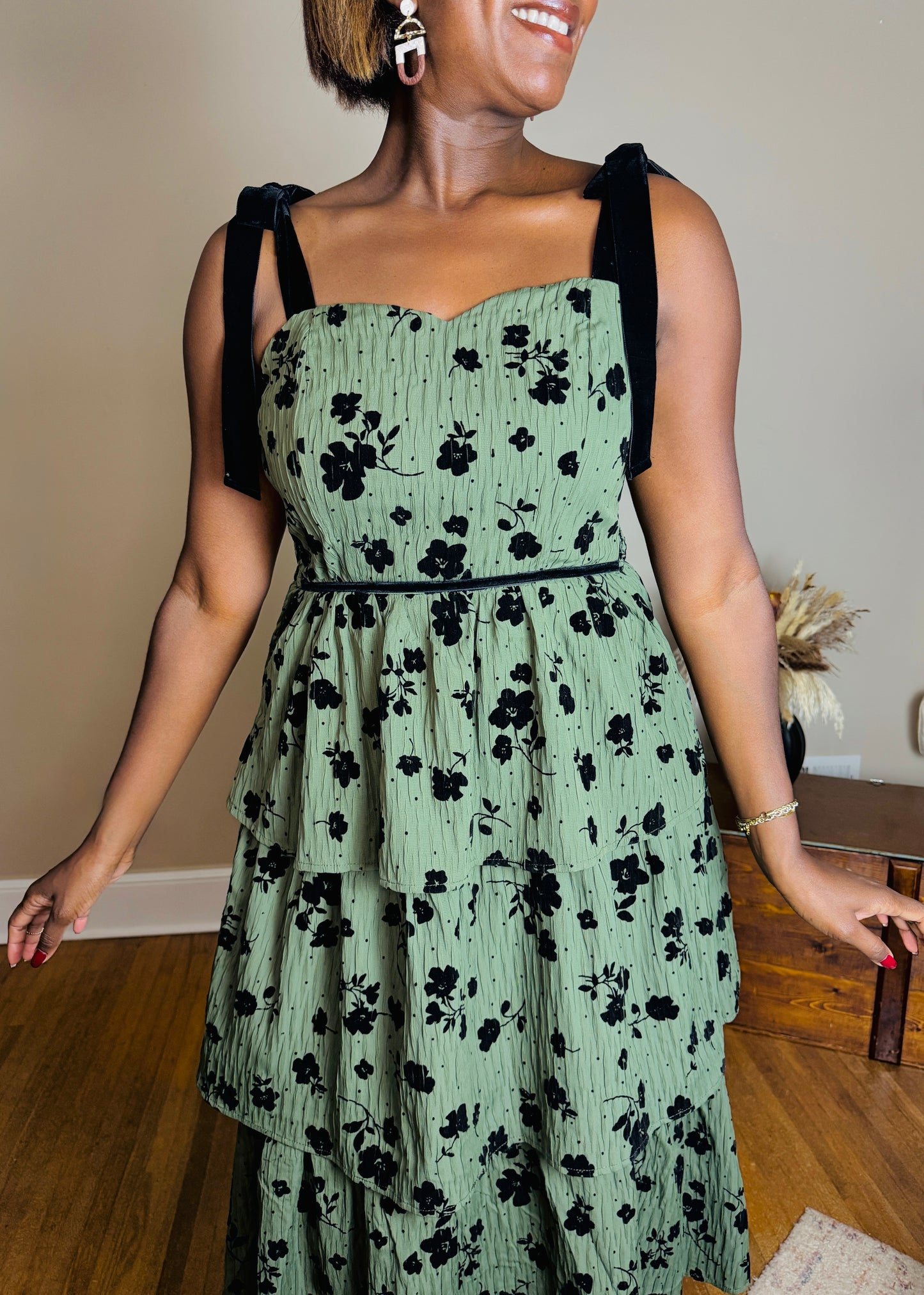 Velvet Flower Tiered Midi Dress