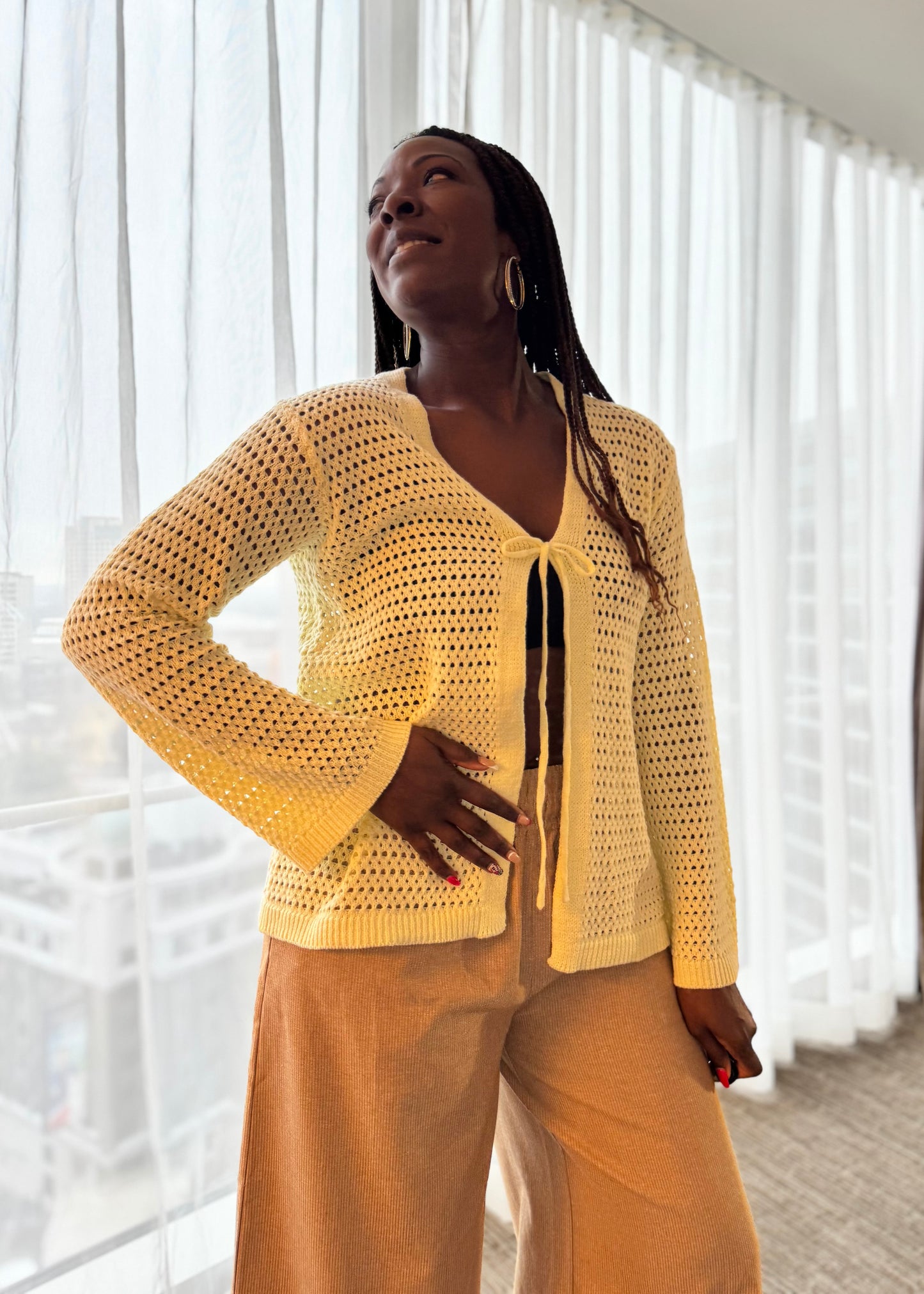 Open-Knit Tie-Front Cardigan · Front Tie Detail · Eleni