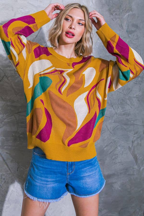 A jacquard graphic sweater top - ISW5168: L / MUSTARD