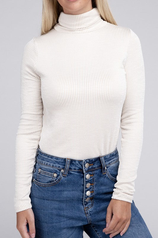 Soft Ribbed Turtle Neck Long Sleeve Top