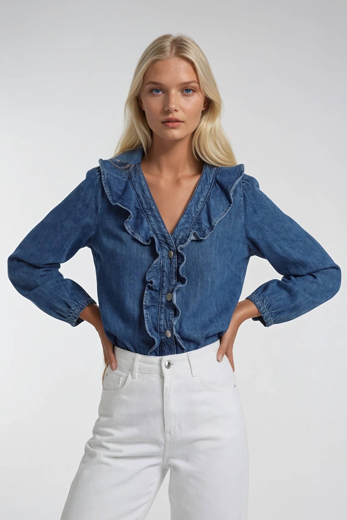 Ruffled 3/4 Sleeve Denim Blouse – Elana