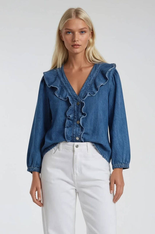 Ruffled 3/4 Sleeve Denim Blouse – Elana