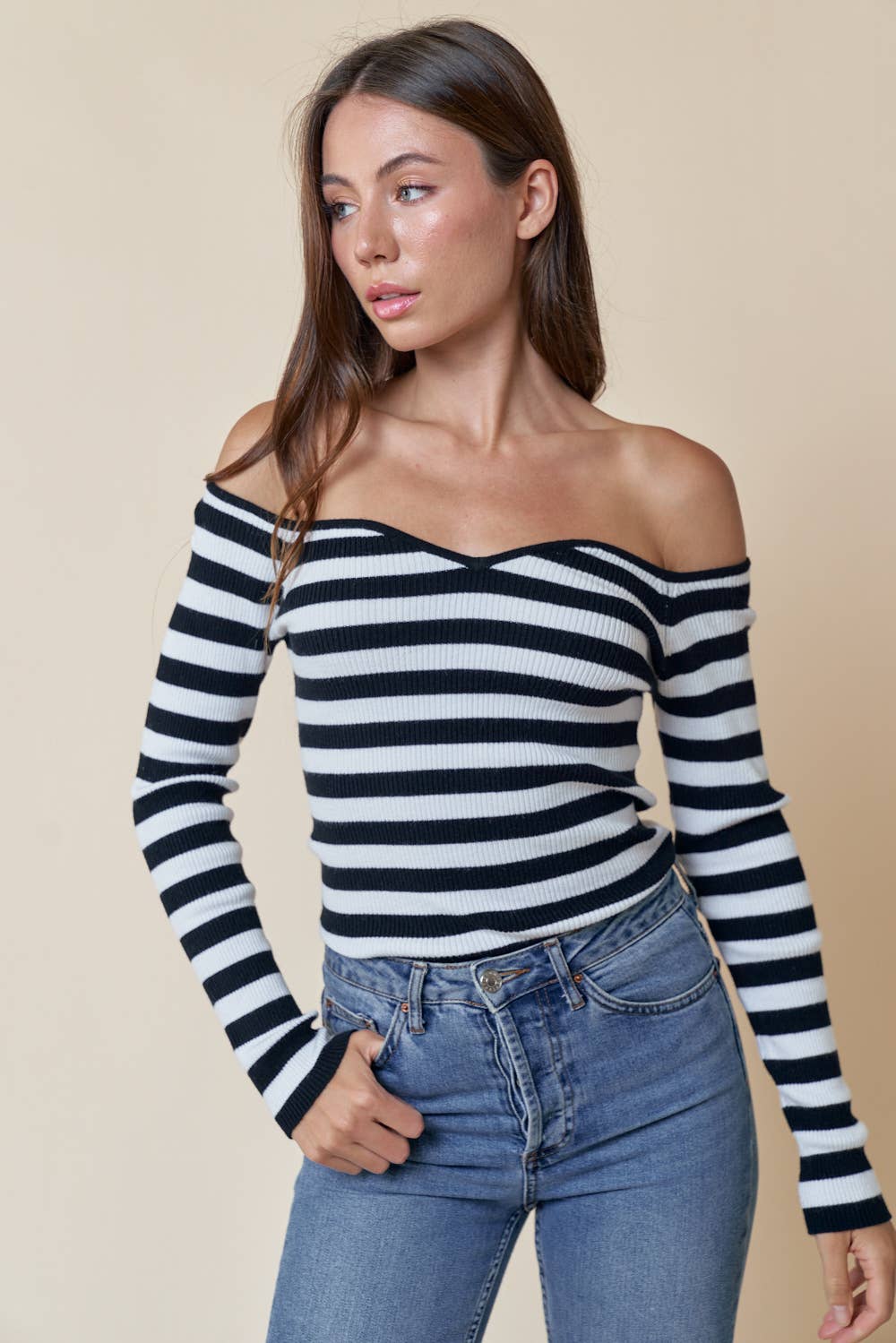 Clarissa Stripe Ribbed Off Shoulder Top