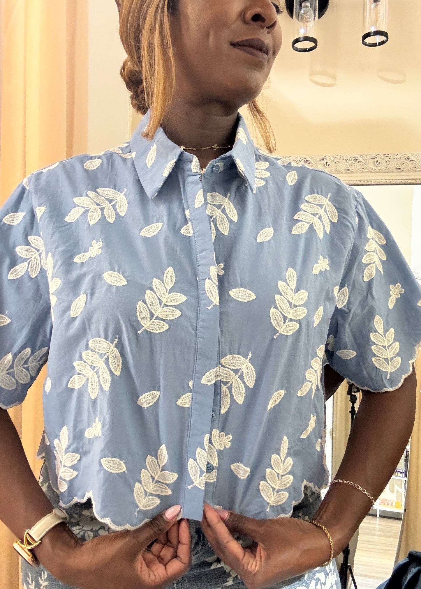 Shirt Collar Embroidered Blouse