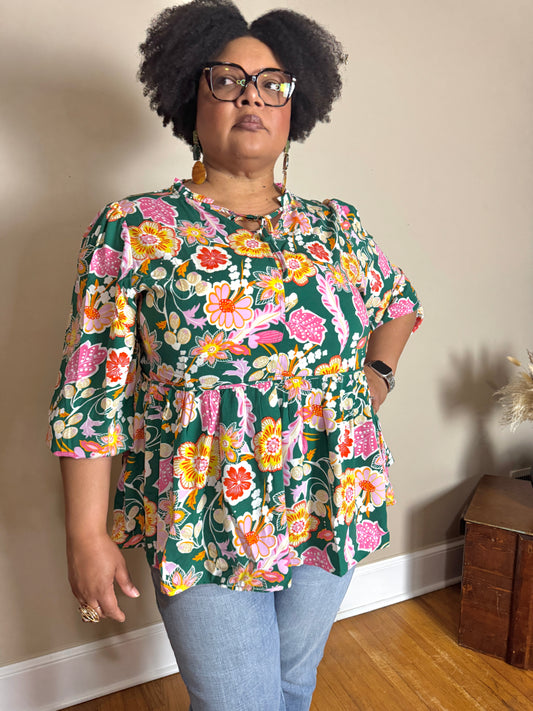 PLUS - Tied V Neck Long Sleeve Plus Size Babydoll Top