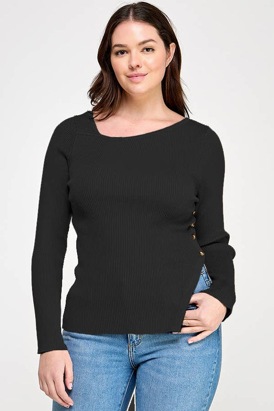 Plus Size Asymmetric Button Detail Sweater Knit Top – Elara Top