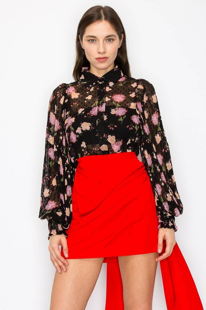 Crystal Long Pleated Sleeve Floral print Blouse Top